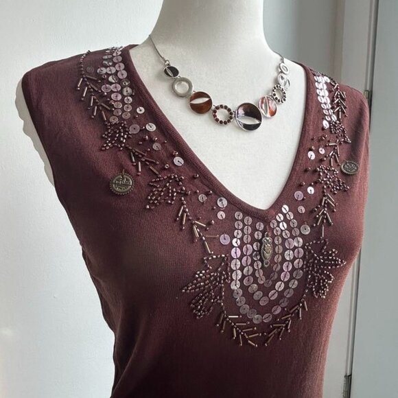 MARIE CLAIRE Chocolate Brown Embellished Sleeveless Ombré Top – US S - Picture 1 of 7